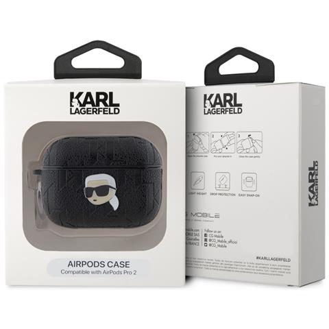 Custodia Per Airpods Pro 2 Con Monogramma E Disegno Della Testa Di Karl In Rilievo, Nero - Foto 4