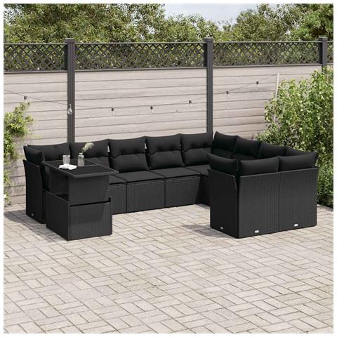 Set Divani Da Giardino 10pz Con Cuscini In Polyrattan Nero - Foto 1