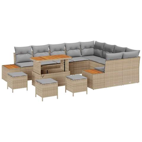 Set di Divani da Giardino  da 13 pezzi con cuscini in polyrattan beige e acacia, Set da Giardino  da 4 pezzi con cuscini in polyrattan beige e acacia - Foto 1