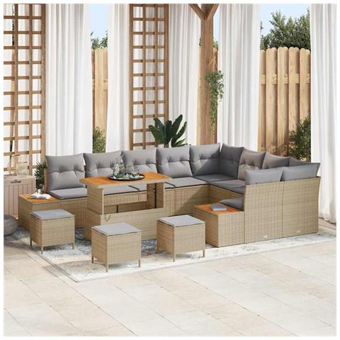 Set di Divani da Giardino  da 13 pezzi con cuscini in polyrattan beige e acacia, Set da Giardino  da 4 pezzi con cuscini in polyrattan beige e acacia - Foto 2