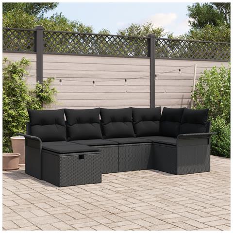Set Divano Giardino 6 Pezzi Con Cuscini Polyrattan Nero, Divano Giardino 2 Posti Con Ripostiglio & Cuscini Polyrattan Nero - Foto 2