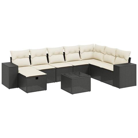 Set Divani da Giardino 9 pz con Cuscini Nero in Polyrattan - Foto 1