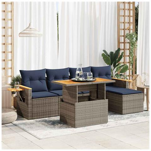 Set Divano da Giardino 6pz con Cuscini Grigio Polyrattan Acacia - Foto 2