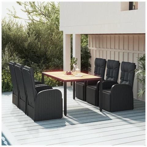 Set Pranzo Giardino 7pz Nero Polyrattan e Legno Massello Acacia - Foto 2