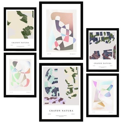 Set Di 6 Stampe Pittura Decorativa Astratta Figurativa In Toni Pastello Incorniciata Con Illustrazioni Per Le Pareti A3 & A4 Cornice Nera - Foto 1