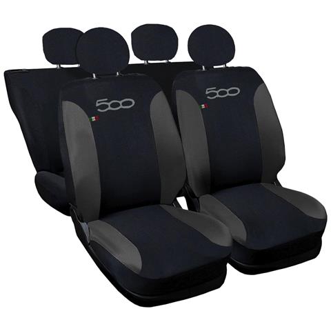 Coprisedili Auto Compatibili Per 500, Made In Italy, Set Di Copri Sedili Anteriori E Posteriori (unico Colore) Con Copri Poggiatesta Incluso, Tessuto Poliestere, Colore - Nero \grigio Scuro - Foto 1