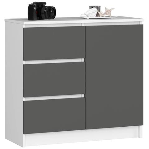 Cassettiera JERRY, 1 anta e 3 cassetti, 80x35x77 cm, Colore Bianco e Grigio Grafite - Foto 1