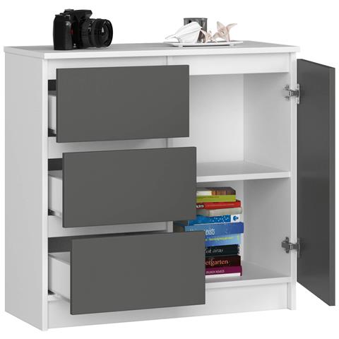 Cassettiera JERRY, 1 anta e 3 cassetti, 80x35x77 cm, Colore Bianco e Grigio Grafite - Foto 2