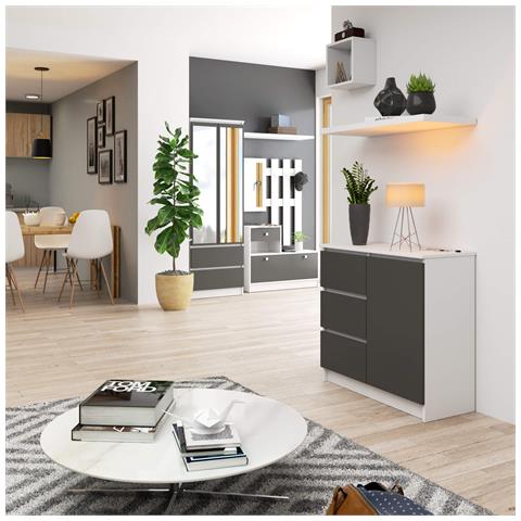Cassettiera JERRY, 1 anta e 3 cassetti, 80x35x77 cm, Colore Bianco e Grigio Grafite - Foto 4