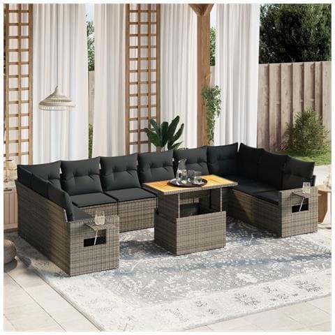 Set Divani Da Giardino 11 Pz Con Cuscini In Polyrattan Grigio - Foto 1