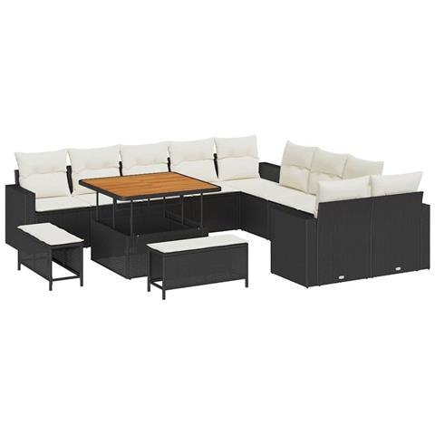 Set di divani da giardino da 13 pezzi con cuscini in polyrattan nero e acacia, Set da pranzo da giardino da 3 pezzi con cuscini in polyrattan nero e acacia - Foto 1