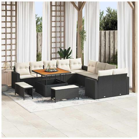 Set di divani da giardino da 13 pezzi con cuscini in polyrattan nero e acacia, Set da pranzo da giardino da 3 pezzi con cuscini in polyrattan nero e acacia - Foto 2