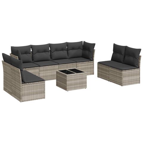 Set Divano da Giardino 9pz con Cuscini Grigio Chiaro Polyrattan - Foto 1
