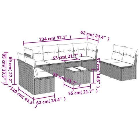Set Divano da Giardino 9pz con Cuscini Grigio Chiaro Polyrattan - Foto 3