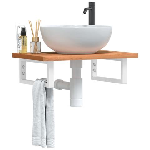 Ripiano a Parete per Lavabo in Acciaio e Massello di Faggio - Foto 2