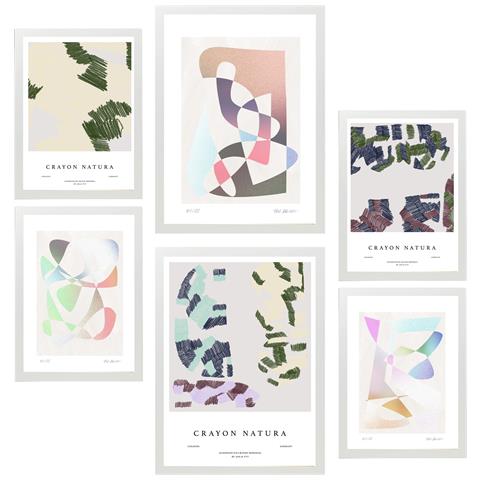 Set Di 6 Stampe Dipinto Decorativo Astratto Figurativo In Toni Pastello Incorniciato Con Illustrazioni Di Design Per Le Pareti A3 & A4 Cornice Bianca - Foto 1