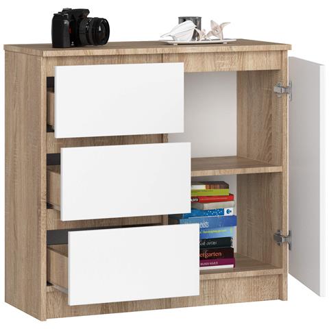 Cassettiera JERRY, 1 anta e 3 cassetti, 80x35x77 cm, Colore Sonoma Quercia e Bianco - Foto 2