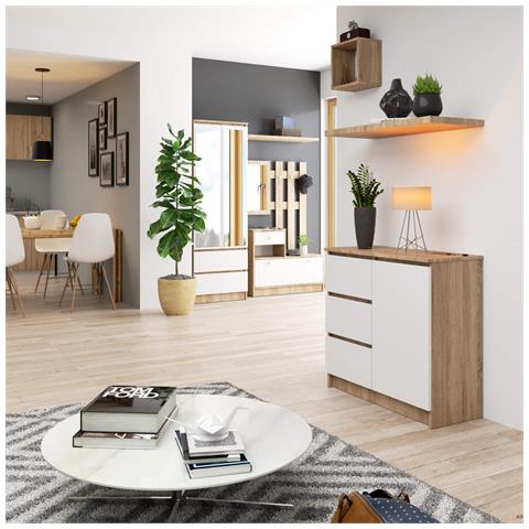 Cassettiera JERRY, 1 anta e 3 cassetti, 80x35x77 cm, Colore Sonoma Quercia e Bianco - Foto 4