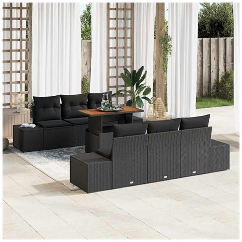 Set da Pranzo da Giardino con Cuscini 7 Pezzi in Rattan Nero e Acacia - Foto 2