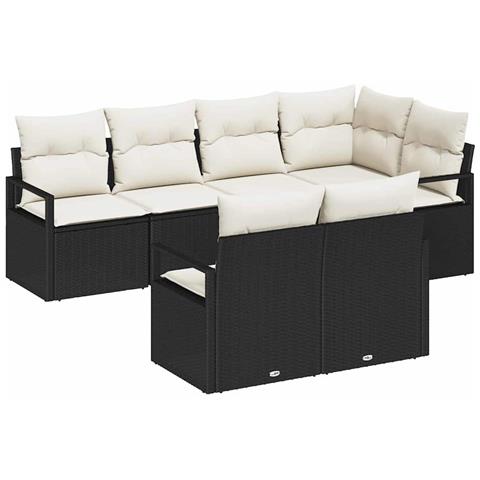Set divano da giardino a 7 pezzi con cuscini in polyrattan nero, Divano da giardino a 2 posti con cuscini in polyrattan nero - Foto 1