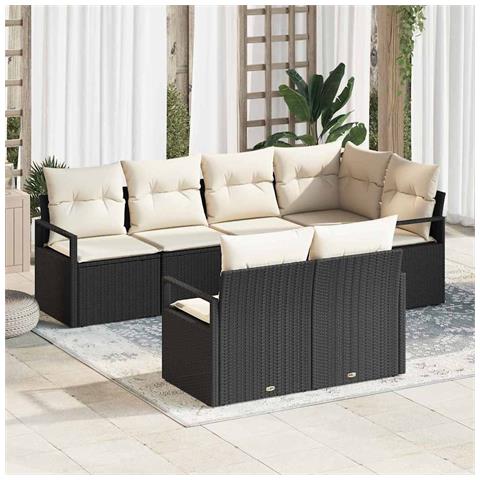 Set divano da giardino a 7 pezzi con cuscini in polyrattan nero, Divano da giardino a 2 posti con cuscini in polyrattan nero - Foto 2