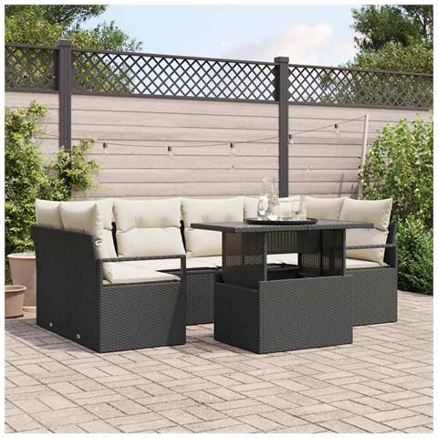 Set Divano da Giardino 7 Pezzi con Cuscini Rattan Poliestere Nera, Divano da Giardino 2 Posti con Cuscini Rattan Poliestere Nera - Foto 2
