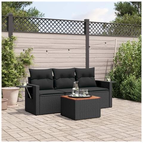 Set Divani da Giardino 4 pz con Cuscini Nero in Polyrattan - Foto 2