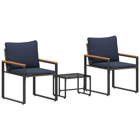 Set di Mobili con cuscino 3 pcs Grigio e Blu Navy Rattan - Foto 1