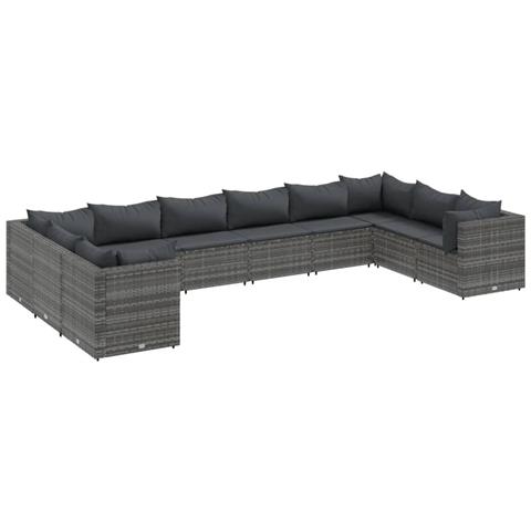Set Divani da Giardino 10 pz con Cuscini in Polyrattan Grigio - Foto 1