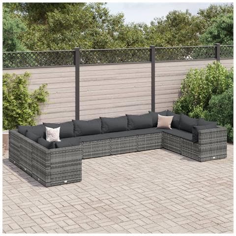 Set Divani da Giardino 10 pz con Cuscini in Polyrattan Grigio - Foto 2