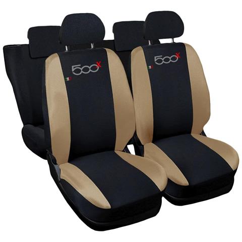 Coprisedili Auto Compatibili Per 500x, Made In Italy, Set Di Copri Sedili Anteriori E Posteriori (unico Colore) Con Copri Poggiatesta Incluso, Tessuto Poliestere, Colore - Nero \blu Beige - Foto 1