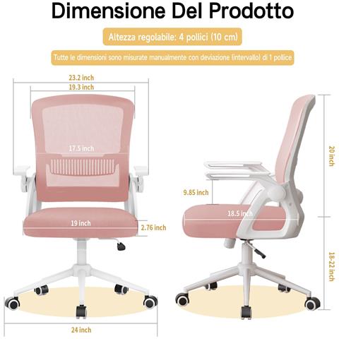 Sedia Ufficio -  Sedia Scrivania - Supporto Lombare Imbottito - Braccioli Pieghevoli - Funzione Oscillante 90-105° - Rosa - Foto 2