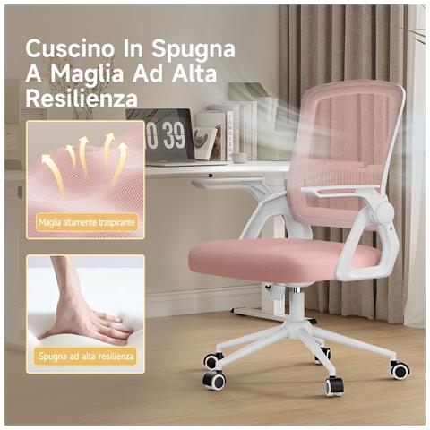Sedia Ufficio -  Sedia Scrivania - Supporto Lombare Imbottito - Braccioli Pieghevoli - Funzione Oscillante 90-105° - Rosa - Foto 5