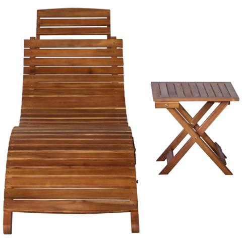 Lettino Prendisole Con Tavolino Legno Massello Acacia Marrone - Foto 1