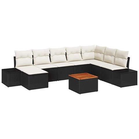 Set divani da giardino 9 pezzi con cuscini neri in polyrattan e acacia - Foto 1