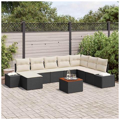 Set divani da giardino 9 pezzi con cuscini neri in polyrattan e acacia - Foto 2