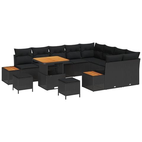 Set Divano da Giardino con Cuscini Nero Polyrattan Acacia 12 Pezzi, Set da Pranzo da Giardino con Cuscini Nero Polyrattan Acacia 3 Pezzi - Foto 1