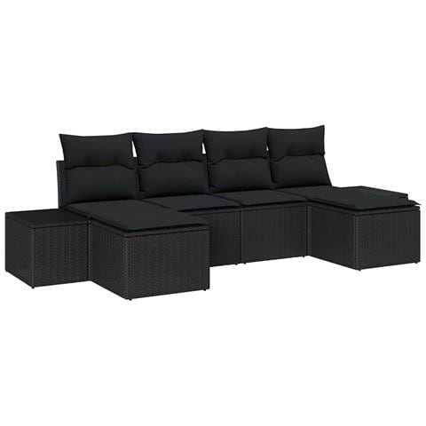 Set Divano Giardino 6 Pezzi con Cuscini Rattan Nero Polipropilene - Foto 1