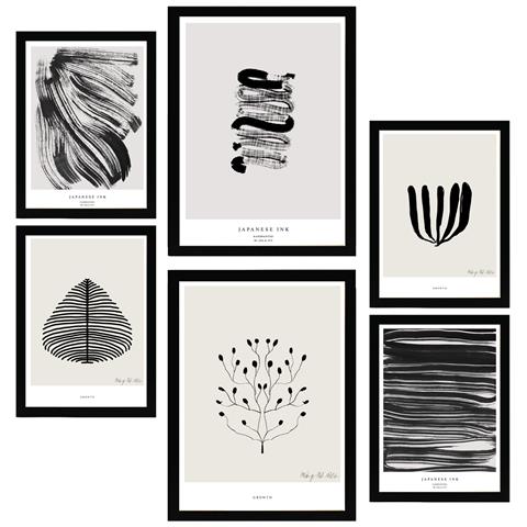 Set Di 6 Stampe Pittura Decorativa Astratta In Bianco E Nero, Pennellate Incorniciate Con Illustrazioni Per Le Pareti A3 & A4 Cornice Nera - Foto 1