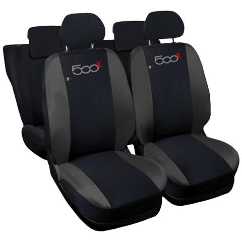 Coprisedili Auto Compatibili Per 500x, Made In Italy, Set Di Copri Sedili Anteriori E Posteriori (unico Colore) Con Copri Poggiatesta Incluso, Tessuto Poliestere, Colore - Nero \grigio Scuro - Foto 1