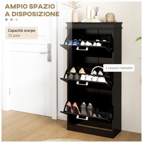 Scarpiera Moderna con 3 Cassetti Ribaltabili per 15 Paia di Scarpe e Ripiano Regolabile, 54x24x117.5cm, Nero - Foto 2