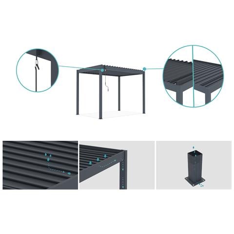 Pergola Bioclimatica Autoportante Piana 3x2m - Alluminio - Grigio - Lamelle Orientabili In Acciaio - Foto 2