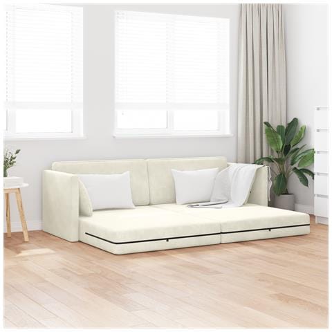 Divano Letto a Pavimento 2-in-1 Panna 213x144x60 cm Velour - Foto 2