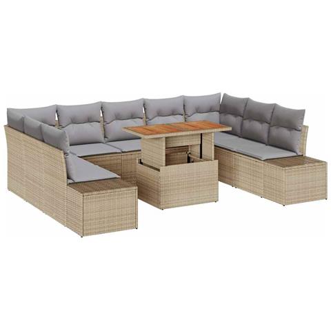 Set da Pranzo da Giardino con Cuscini Beige in Polyrattan e Acacia da 10 Pezzi - Foto 1