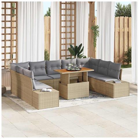 Set da Pranzo da Giardino con Cuscini Beige in Polyrattan e Acacia da 10 Pezzi - Foto 2