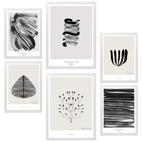 Set Di 6 Stampe Pittura Decorativa Astratta In Bianco E Nero, Pennellate Incorniciate Con Illustrazioni Per Le Pareti A3 & A4 Cornice Bianca - Foto 1