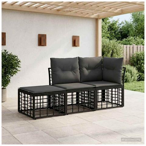 Set di divani da esterno con cuscino 3 pcs Nero Poliestere - Foto 2