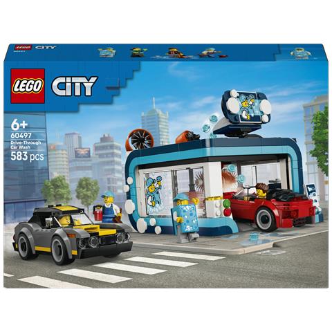 City 60497 Autolavaggio Drive-In Giocattolo con 2 Modellini di Auto, Funzione di Lavaggio e 4 Minifigure, Regalo da 6+ - Foto 1