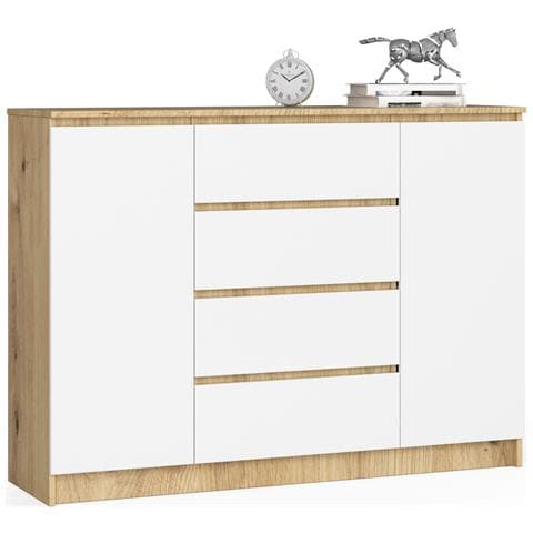 Cassettiera K140, 2 ante e 4 cassetti, 138x40x99 cm, Colore Quercia Artisan e Bianco - Foto 1