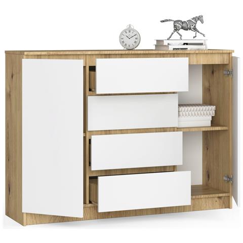 Cassettiera K140, 2 ante e 4 cassetti, 138x40x99 cm, Colore Quercia Artisan e Bianco - Foto 2